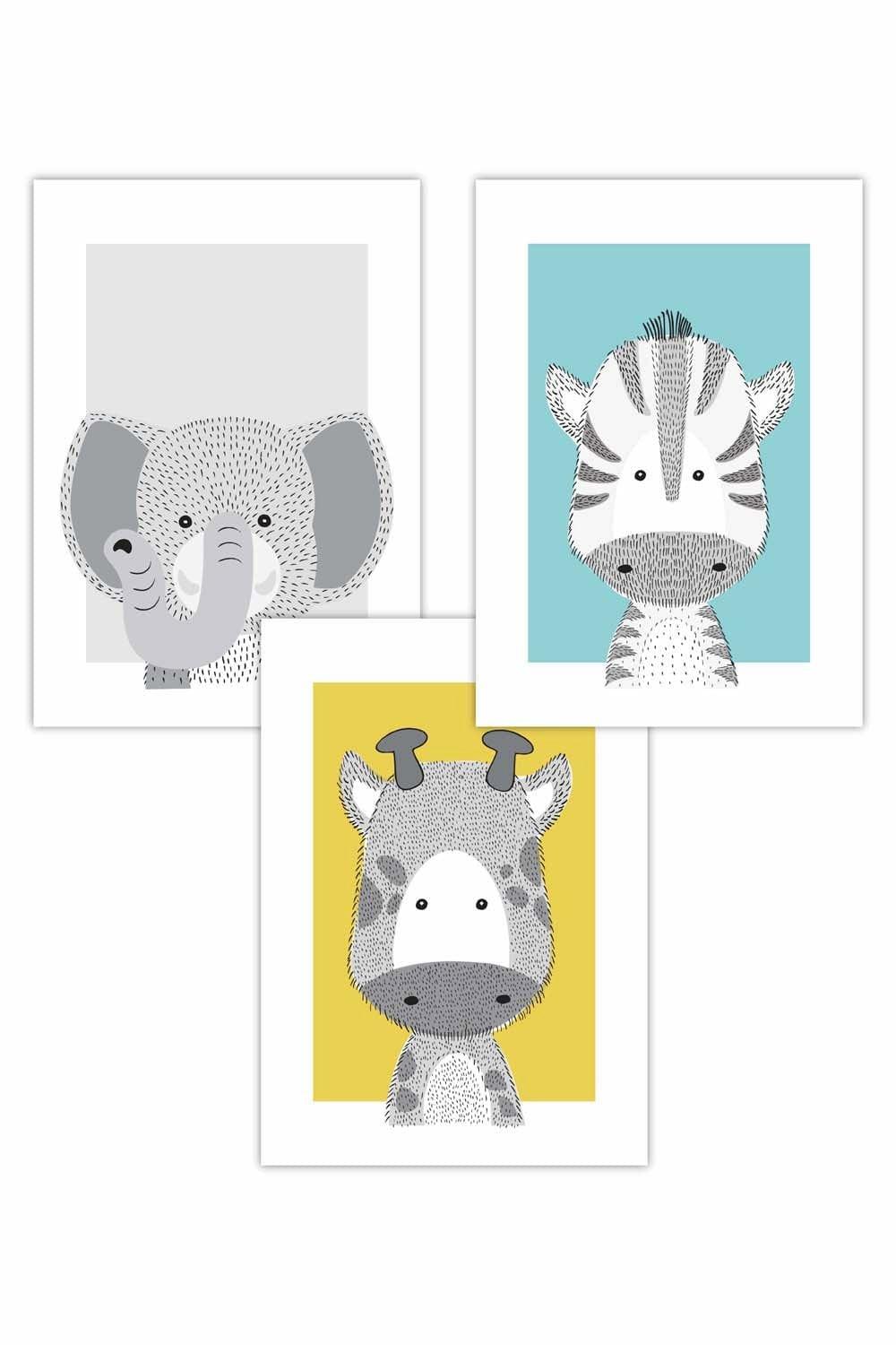 Set of 3 Nursery Scandi Sketch Animals with Elephant in Blue Yellow Grey Art Posters